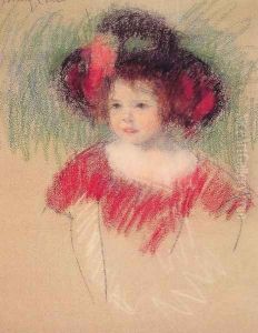 Margot In Big Bonnett And Red Dress by Mary Cassatt