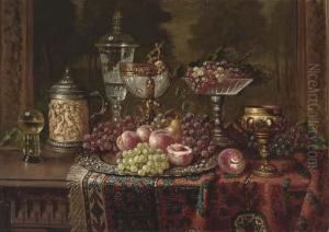 A Salver Of Fruit And Various Vessels On A Draped Table by Ernst Czernotzky