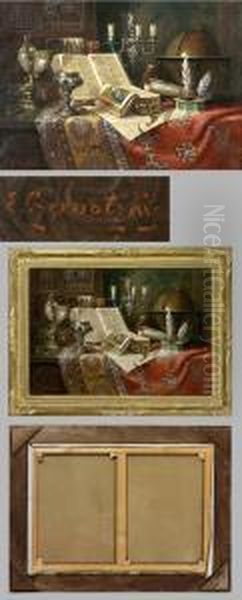 Arrangement Mit Globus, Nautiluspokal, Girandole, Munzen - view 1