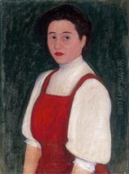Red - Dressed Girl In Front Of Green Background - view 1