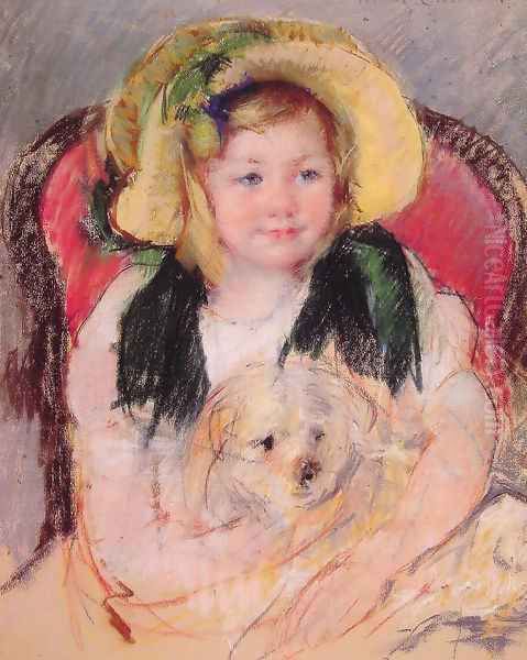 Sara With Her Dog In An Armchair Wearing A Bonnet With A Plum Ornament - view 1
