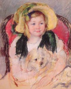 Sara With Her Dog In An Armchair Wearing A Bonnet With A Plum Ornament by Mary Cassatt
