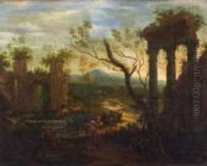 Landscape With Ruins And Travellers by Filippo D Angeli