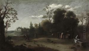 A Wooded Italianate Landscape With Washerwomen In The Foreground by Filippo D Angeli