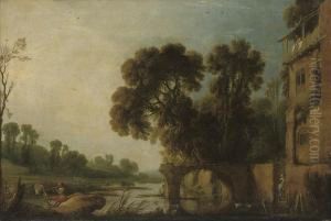An Italianate River Landscape With A Herdsman And Cattlewatering An Italianate River Landscape With A Herdsman And Cattlewatering
