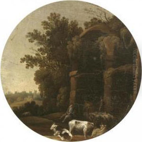An Italianate Landscape With Drovers And Their Animals Resting Before Classical Ruins - view 1