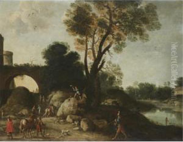 A Classical Landscape With
Cavaliers In The Foreground, A Woodcutter Felling A Tree Beyond - view 1