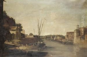 A River Landscape With Stevedores Unloading A Barge