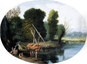 An Italianate River Landscape With Figures Gathered Round A Fire, Boats Moored Nearby by Filippo D Angeli