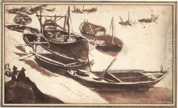 Barques Au Mouillage Avec Deux Personnages - view 1