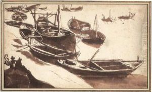 Barques Au Mouillage Avec Deux Personnages by Filippo D Angeli