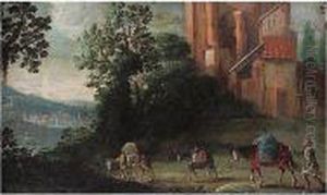 River Landscape With A Drover And Pack Animals Passing Houses