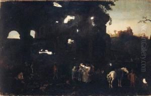 An Elegant Party Visiting A Gypsy Encampment In A Grotto