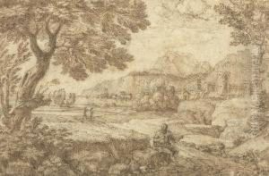 Coastal Landscape With Traveller Seated On A Path Leading To A Castle. Coastal Landscape With Traveller Seated On A Path Leading To A Castle.