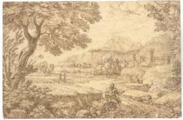 A Coastal Landscape With A Traveller Seated By A Track Leading To Acastle - view 1