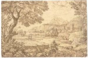 A Coastal Landscape With A Traveller Seated By A Track Leading To Acastle by Crescenzio Onofri
