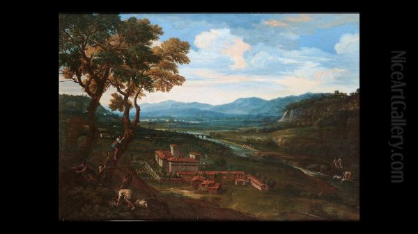 An Extensive Landscape With A Villa, Figures In Trees In The Foreground - view 1