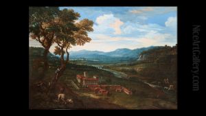 An Extensive Landscape With A Villa, Figures In Trees In The Foreground by Crescenzio Onofri