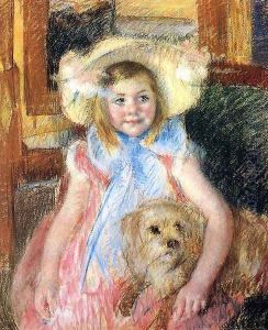 Sara In A Large Flowered Hat Looking Right Holding Her Dog by Mary Cassatt
