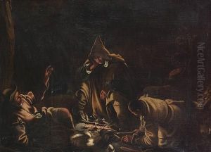 Travellers Seated Around A Campfire
