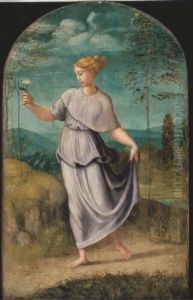 A Young Woman Holding A Flower With An Extensive Landscapebeyond A Young Woman Holding A Flower With An Extensive Landscapebeyond