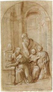 A Bishop Seated With His Left
Hand On A Book, Two Young Men Kneeling Nearby And A Third Standing
Behind, In An Architectural Setting A Bishop Seated With His Left
Hand On A Book, Two Young Men Kneeling Nearby And A Third Standing
Behind, In An Architectural Setting