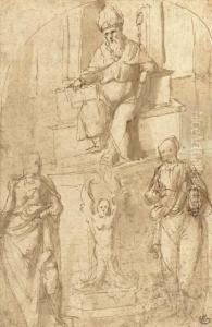 A Bishop Seated On A Throne, With Two Standing Figures by Garofalo