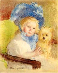 Simone In A Large Plumed Hat Seated Holding A Griffon Dog by Mary Cassatt