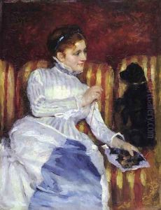 Woman On A Striped With A Dog Aka Young Woman On A Striped Sofa With Her Dog by Mary Cassatt