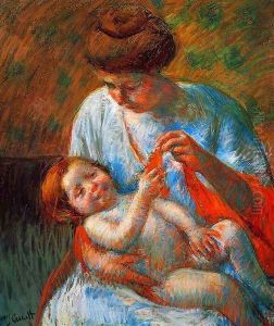 Baby Lying on His Mother's Lap, Reaching to Hold a Scarf by Mary Cassatt