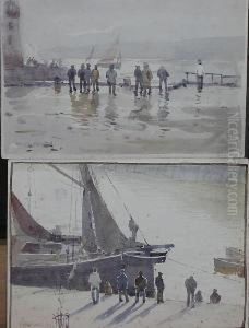 Figures Looking Out To Sea From The Pier Side; Figures In A Harbour by Ernst Dade
