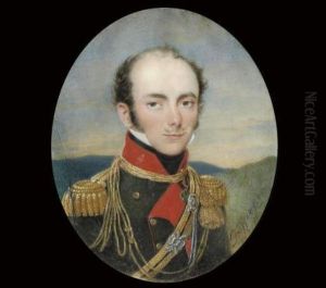 An Austrian Officer Of Uhlans, 
In Black Uniform With Scarlet Collar And Facings, Gold Epaulette And 
Cap-lines; Sky And Landscape Background by Moritz Michael Daffinger
