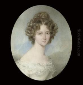A Young Lady Called Countess 
Leopoldine Apponyi, In White Dress With Double Ruffle, A Plait In Her 
Curling Hair; Sky Background