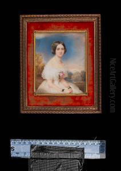 A Young Lady, Seated In A 
Landscape, Wearing White Dress With Falling Lace Collar, Pink Rose At 
Her Corsage, Pearl Necklace, Gold And Black Ribbon Bracelets And Ivy In 
Her Dark Hair. - view 1