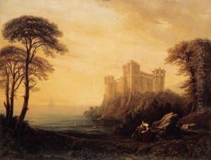 A Coastal Landscape With A Woman And Dog Before A Castle, A Shipbeyond