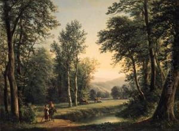 Travellers On A Wooded Track With Cattle Resting Beyond - view 1