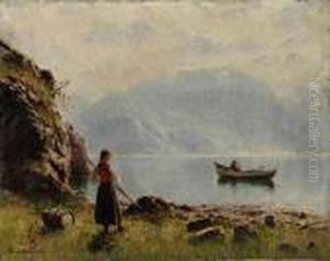 Young Girl By Norwegian Fjord by Hans Dahl