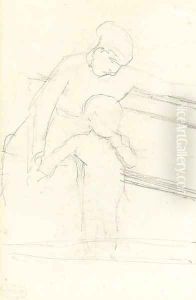 Sketch of Nurse Seated on a Bench, Baby Standing Beside Her by Mary Cassatt