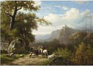 A Wooded Summer Landscape With A Shepherd And A Traveller On Horseback by Alexander Joseph Daiwaille