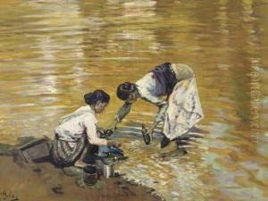 Women Filling Bottles By A Lake Women Filling Bottles By A Lake