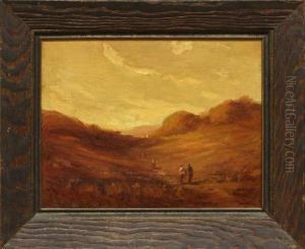 Figures Walking Through Field At Sunset - view 1