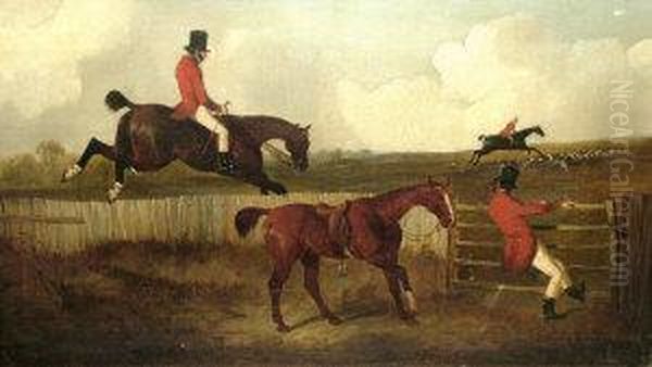 Hunting Scene With A Lame Horse
And Rider Pursing On Foot And A Rider Taking A Fall At The Ditch - view 1