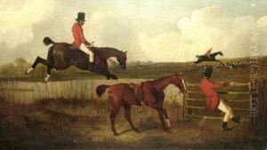 Hunting Scene With A Lame Horse 
And Rider Pursing On Foot And A Rider Taking A Fall At The Ditch by John Dalby
