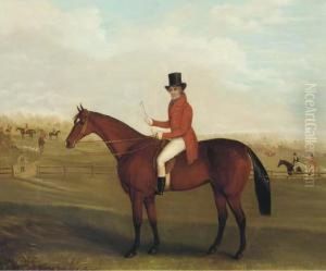 Portrait Of A Gentleman, Said To Be John Mytton, On A Bay Hunterwith A Hunt Beyond by David of York Dalby