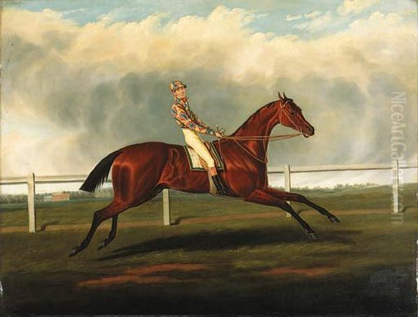 A Bay Racehorse With Jockey Up In The Colours Of Mr Richard Watt,on A Racecourse - view 1