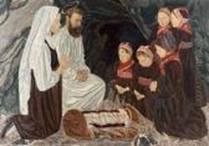 Heilige Familie Mit Betenden Wallisermadchen by Raphy Dalleves