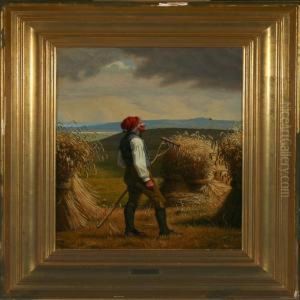 Scenery From Soro With Man In The Field by Christen Dalsgaard