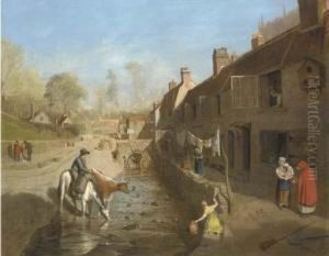 Figures By A Village Stream With Figures By Terraced Houses by Francis Danby