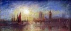 Scene At Dusk Of The Thames With A View Of The Palace Ofwestminster