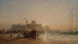 Fisherfolk On The Shore At Lowtide, A Ruined Castle Beyond. by Francis Danby